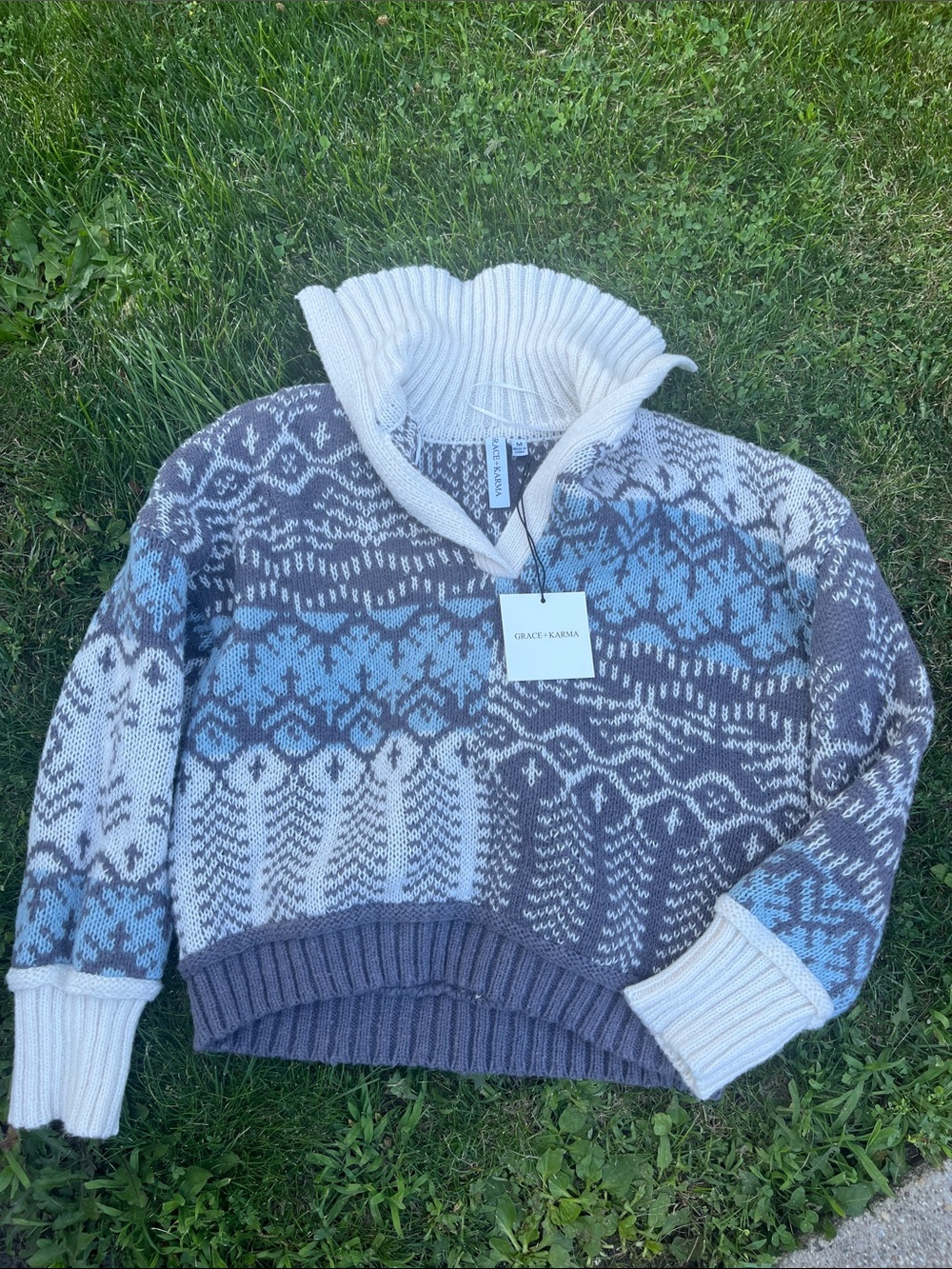 Grace+Karma M NWT Blue and Gray Fair Isle Shawl Collar Sweater